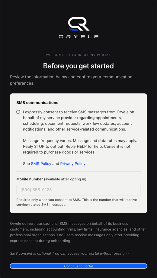 Oryele client portal SMS consent screen showing express consent, messaging terms, and opt-out language